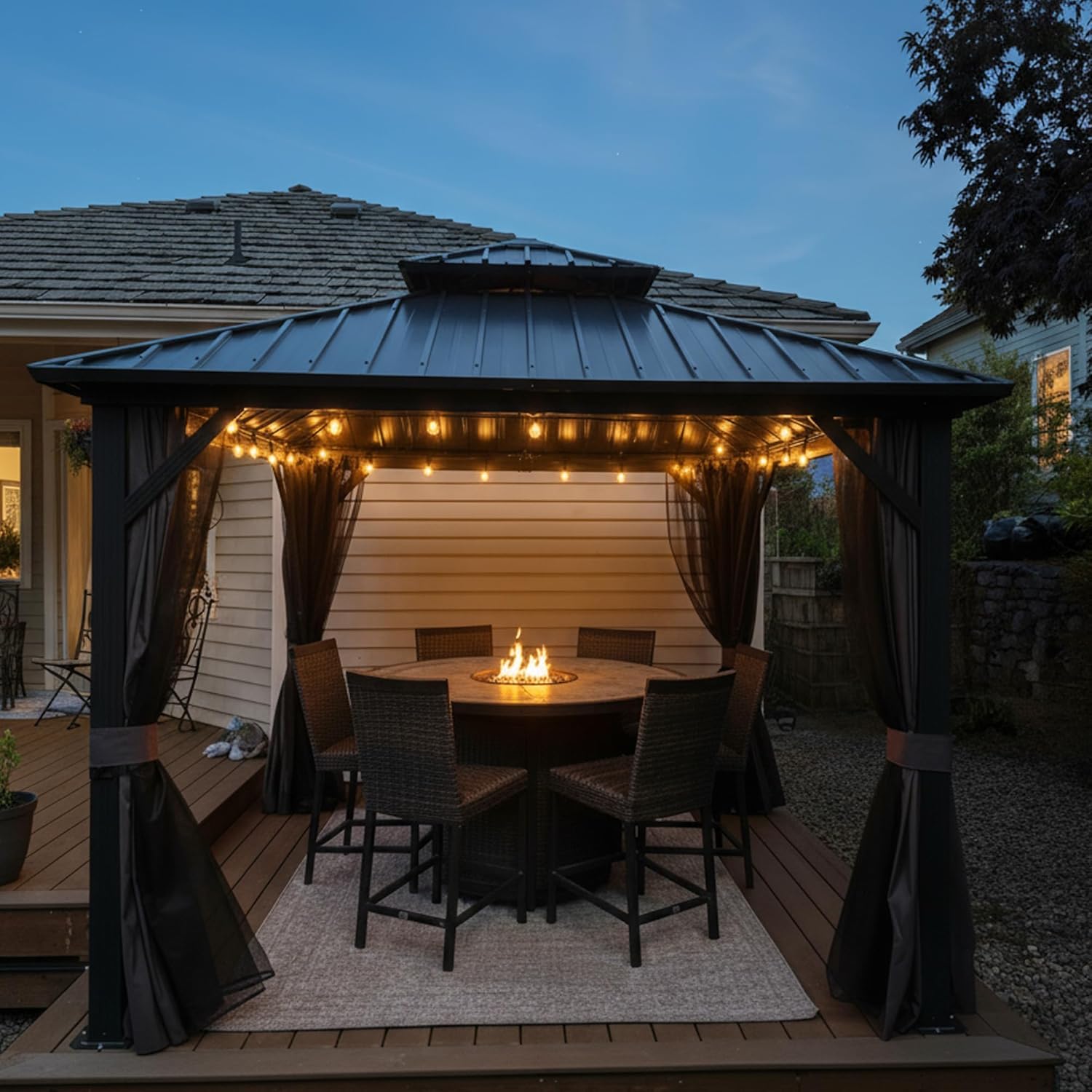 bleujardin - tonnelle extérieur double toit 3x3m, alu et acier, rideaux, guirlande lumineuse
