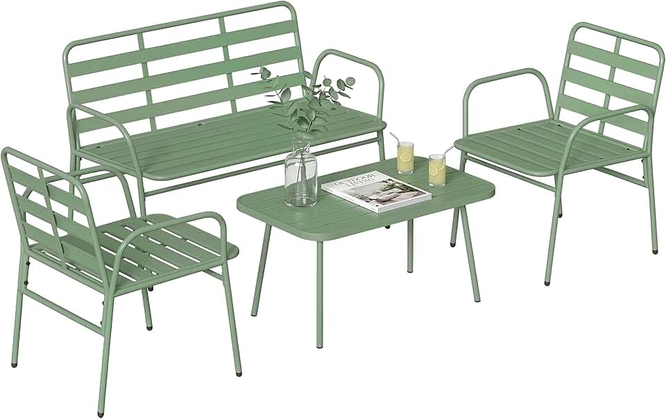 bleujardin - Salon de jardin 4 pièces - acier vert - canapé et fauteuils