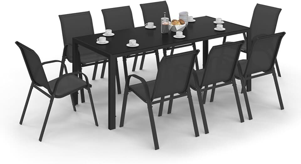 bleujardin - Madrid salon jardin, table 190cm, 8 chaises empilables noires