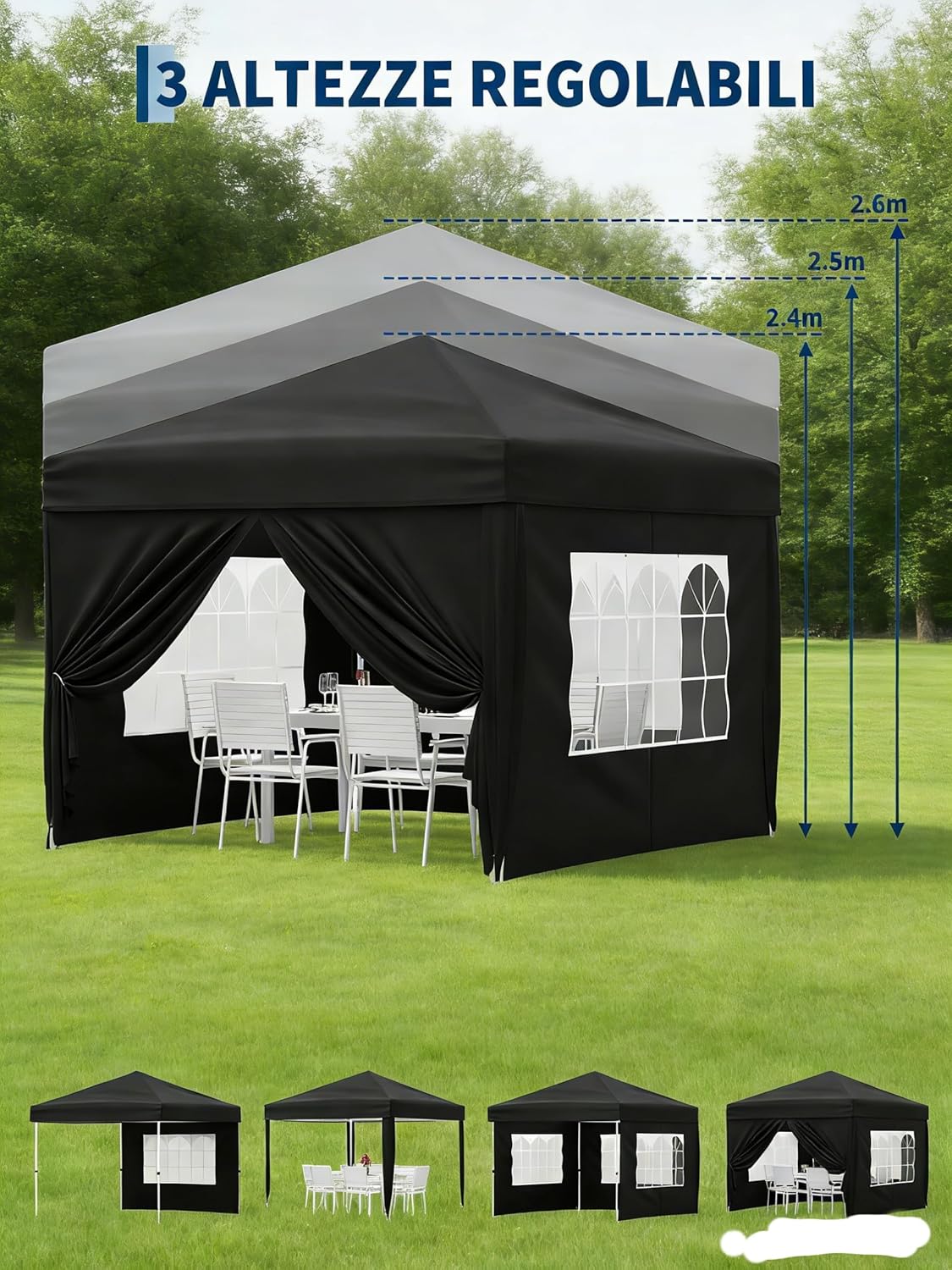 Gravee Tonnelle Pliante 3x3m Gris avec Parois Latérales, Imperméable et Anti-UV, Tente Pop-Up Robuste avec Sac de Transport pour Jardin (Noir, 3x3m)