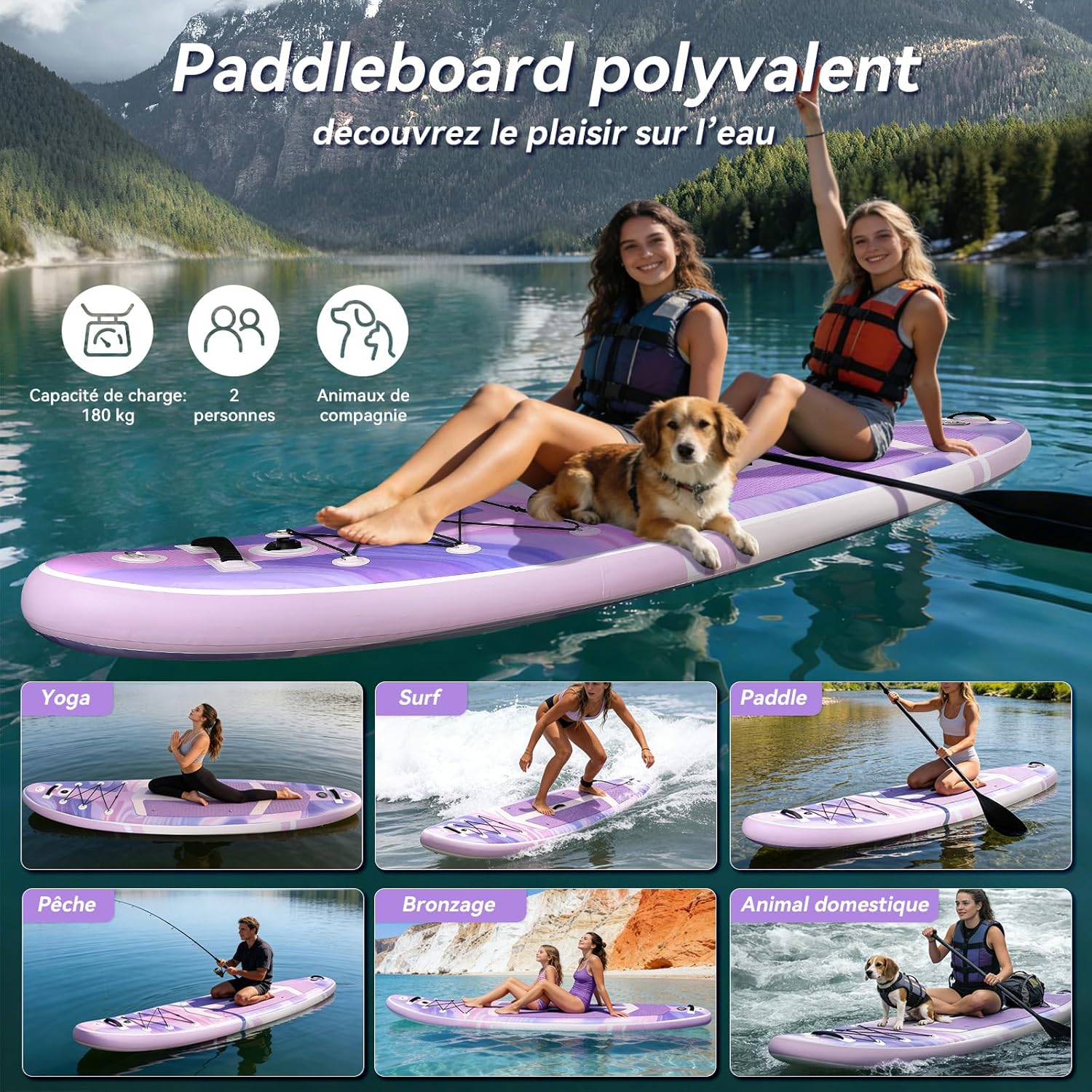 bleujardin - Paddle Gonflable Série Adulte - 320/335cm - 2 personnes, siège kayak, pagaie alu, support caméra, jusqu'à 15