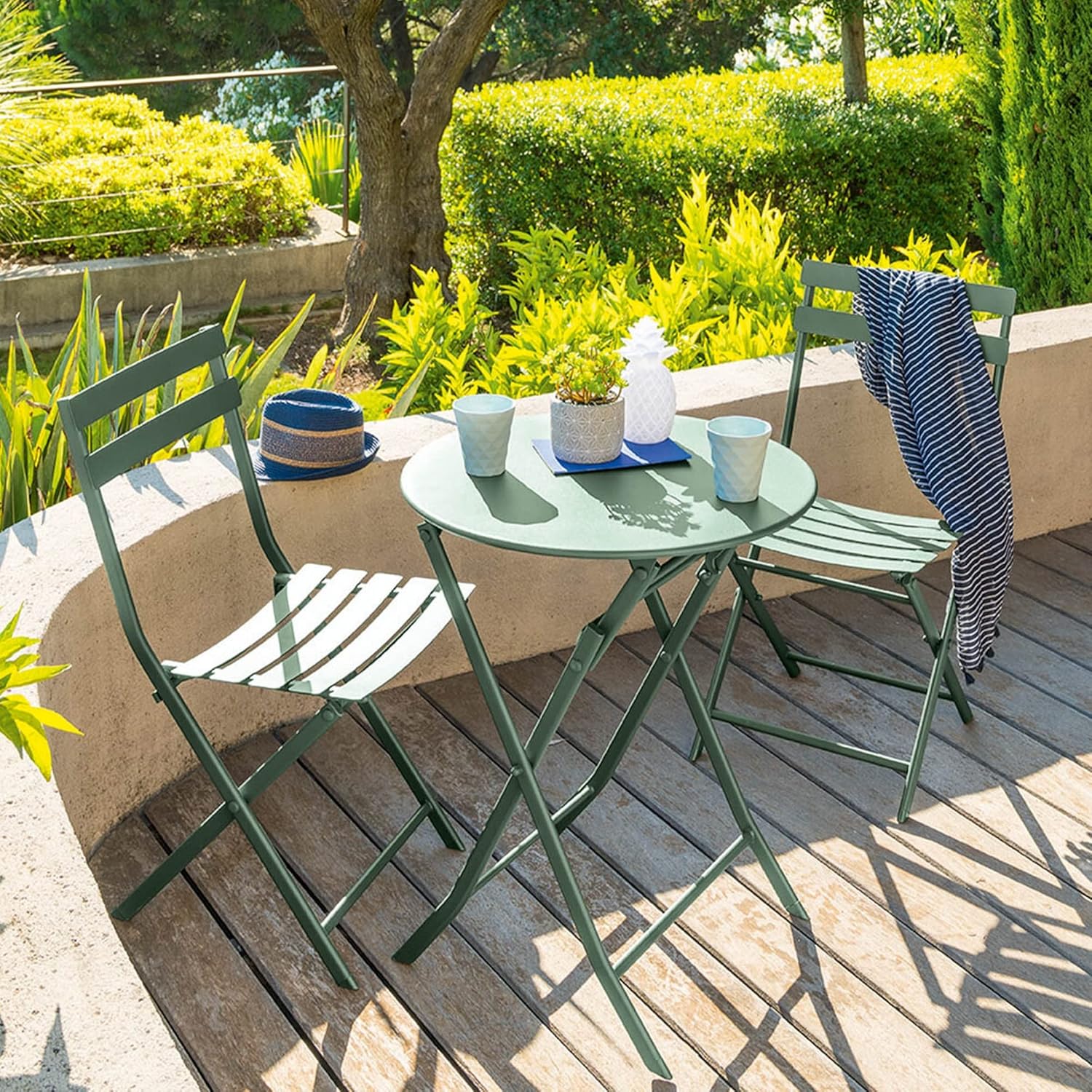 bleujardin - Greensboro - Ø60 cm - Table de jardin pliante acier vert 2 places