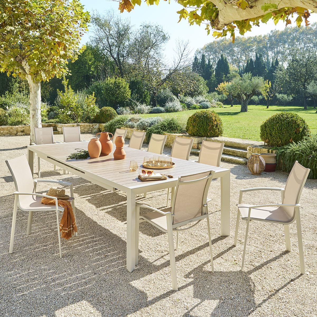 bleujardin - Evasion Argile - table extensible 14 places - aluminium bois antirouille, rallonge