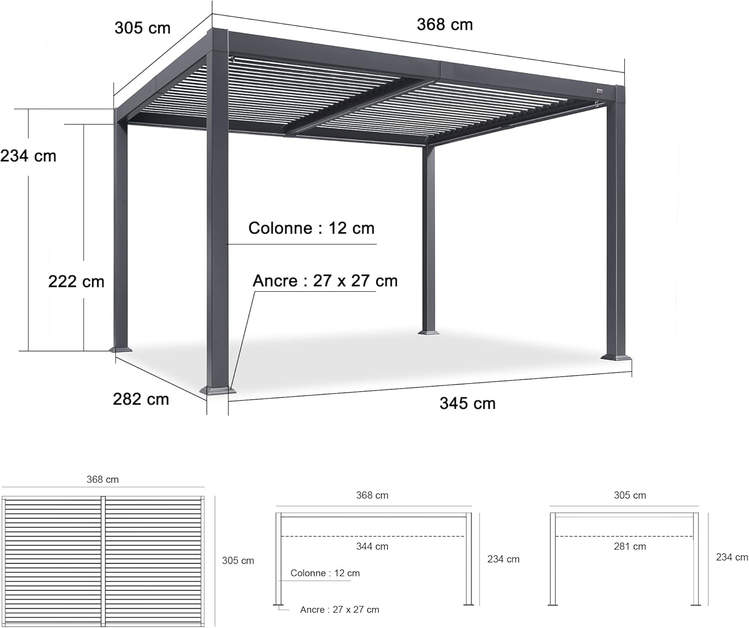 bleujardin - Pergola bioclimatique - 3 x 3,65 m - aluminium, lames orientables, LED, imperméable