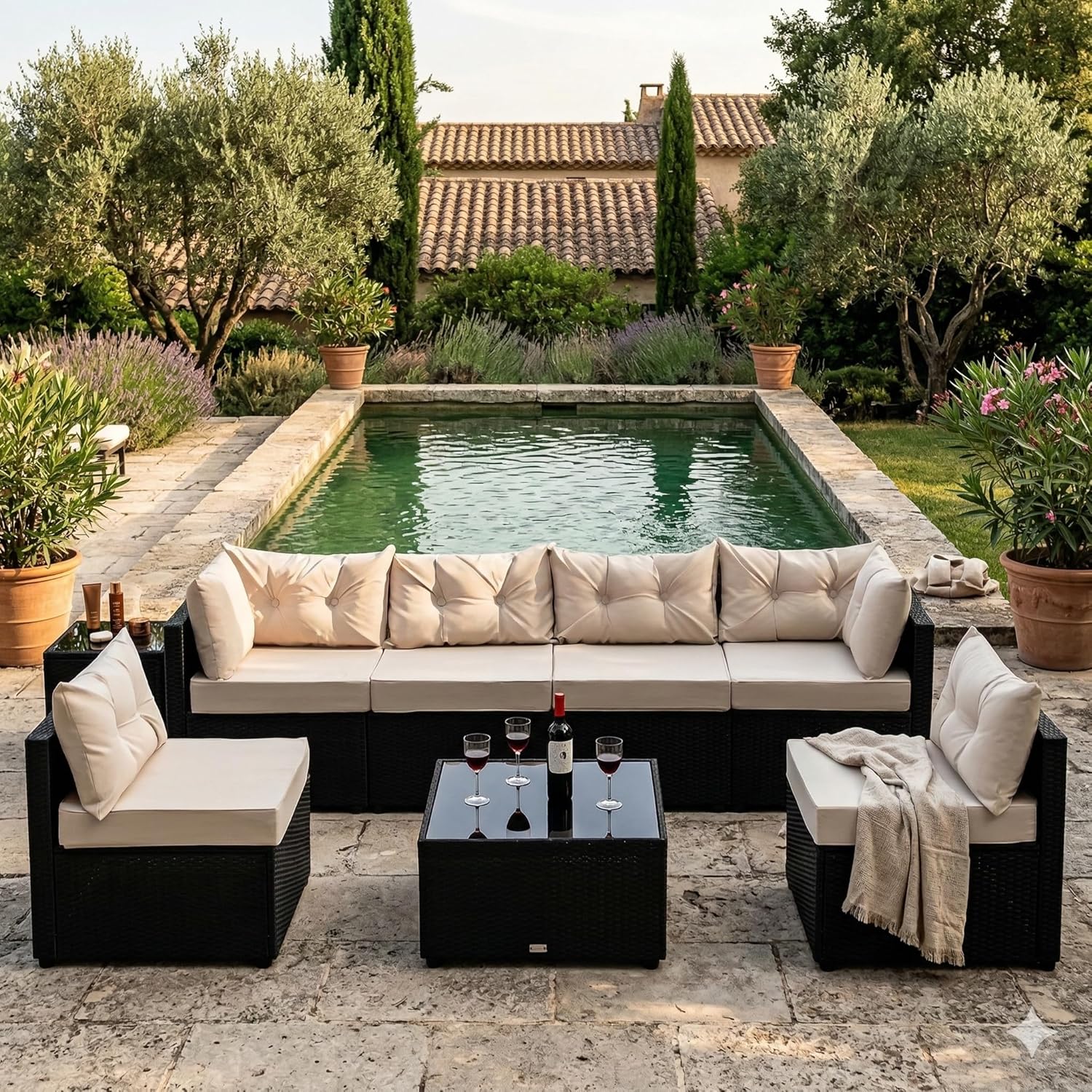 bleujardin - NACULA - Salon de jardin 5 places, résine tressée, coussins beige, table basse verre, extérieur