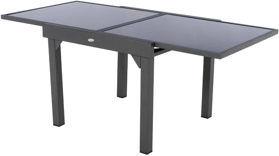 bleujardin - Table Piazza Gris Graphite extensible 8 places - Aluminium anti-rouille, verre trempé, rallonge coulissante.
