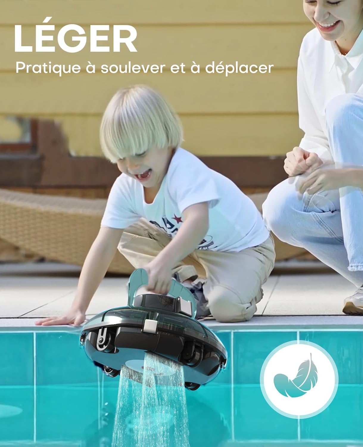 bleujardin Winny 200 Robot Piscine, Aspirateur Piscine Sans Fil Avec Batterie, Autonomie 75 Min pour Piscines Hors-Sol 60m², Double Filtration,Stationnement Automatique(Transparent Vert Blanc)