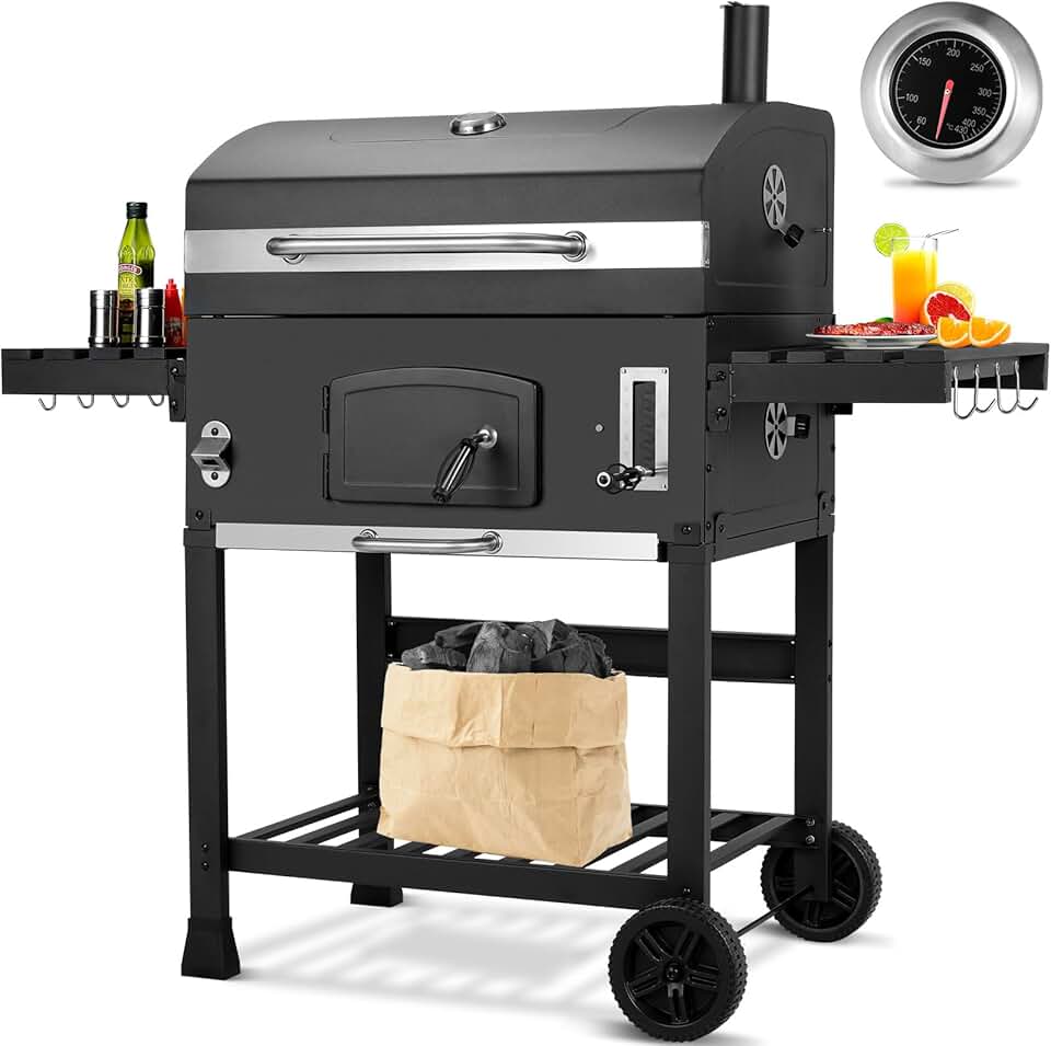 bleujardin - Barbecue XXL, charbon, chariot, couvercle, thermomètre, fumoir, hauteur réglable