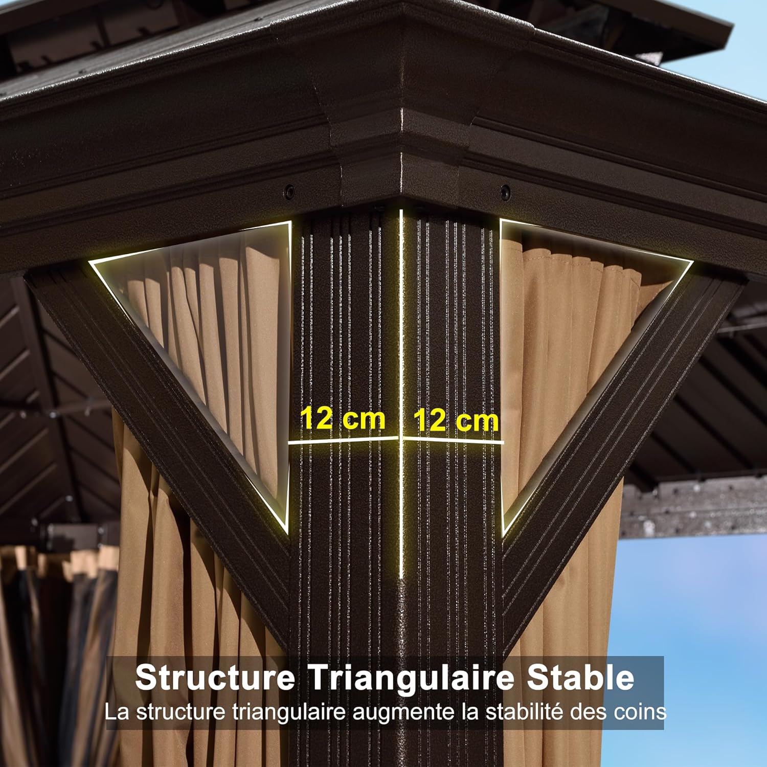 bleujardin - Tonnelle aluminium série éclairée - 4,85x3,65 m - gouttière, rideaux moustiquaires, poteaux renforcés, bro
