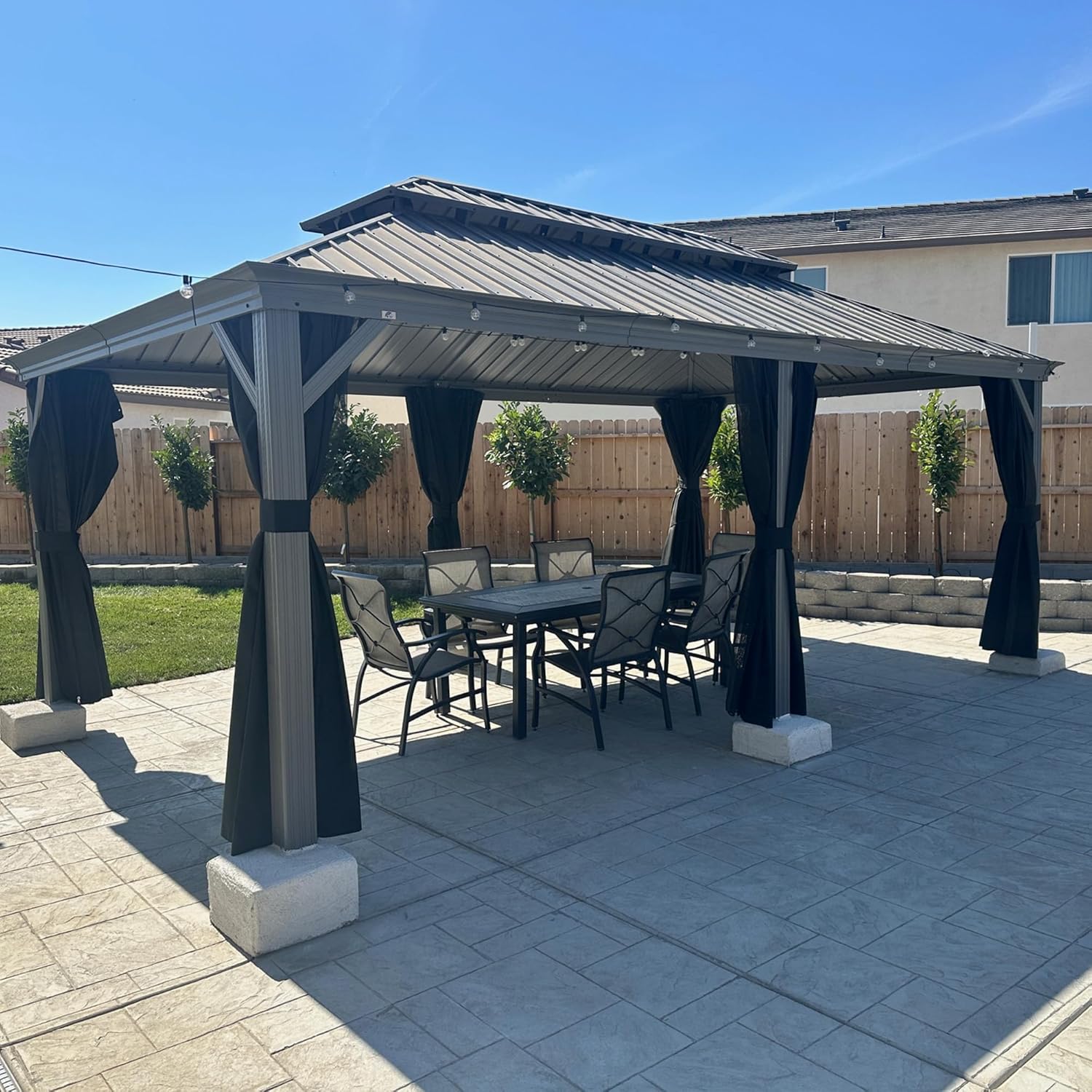 bleujardin - Pergola double toit aluminium 3,65x6m rideaux LED, Gris -