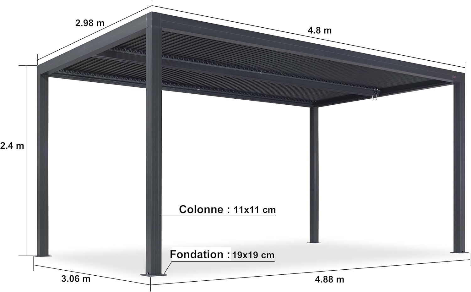 bleujardin - Pergola aluminium bioclimatique 4,8x3m, lames orientables, persiennes fixes, gris