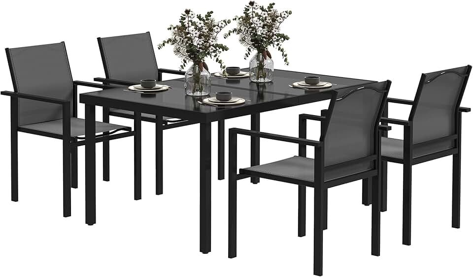 bleujardin - salon de jardin extérieur 4 places - table verre 140 cm, chaises empilables, noir