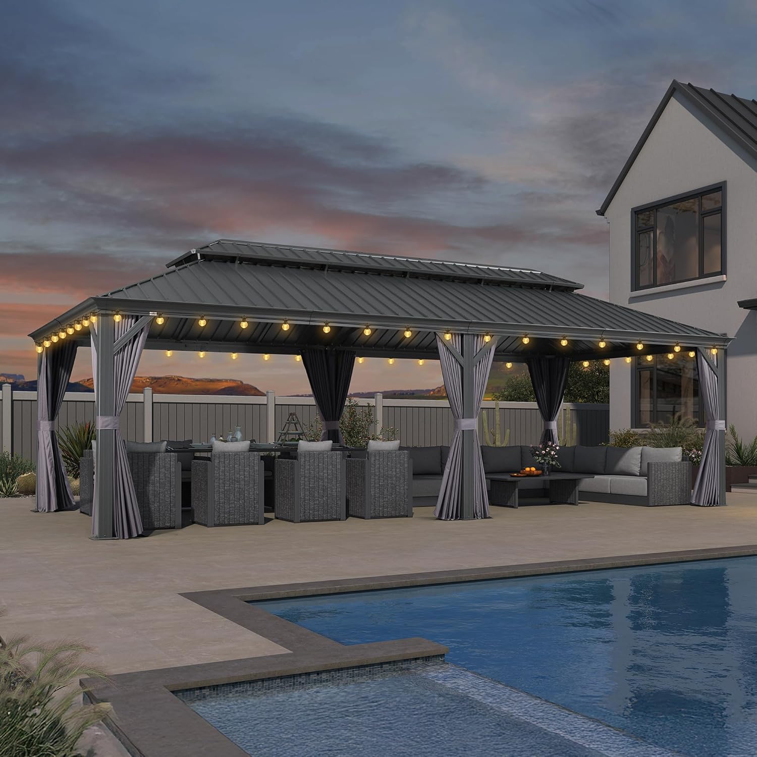 bleujardin - Pergola série extérieure - 8,5x4,25m - alu, LED, rideaux, moustiquaires, gouttière