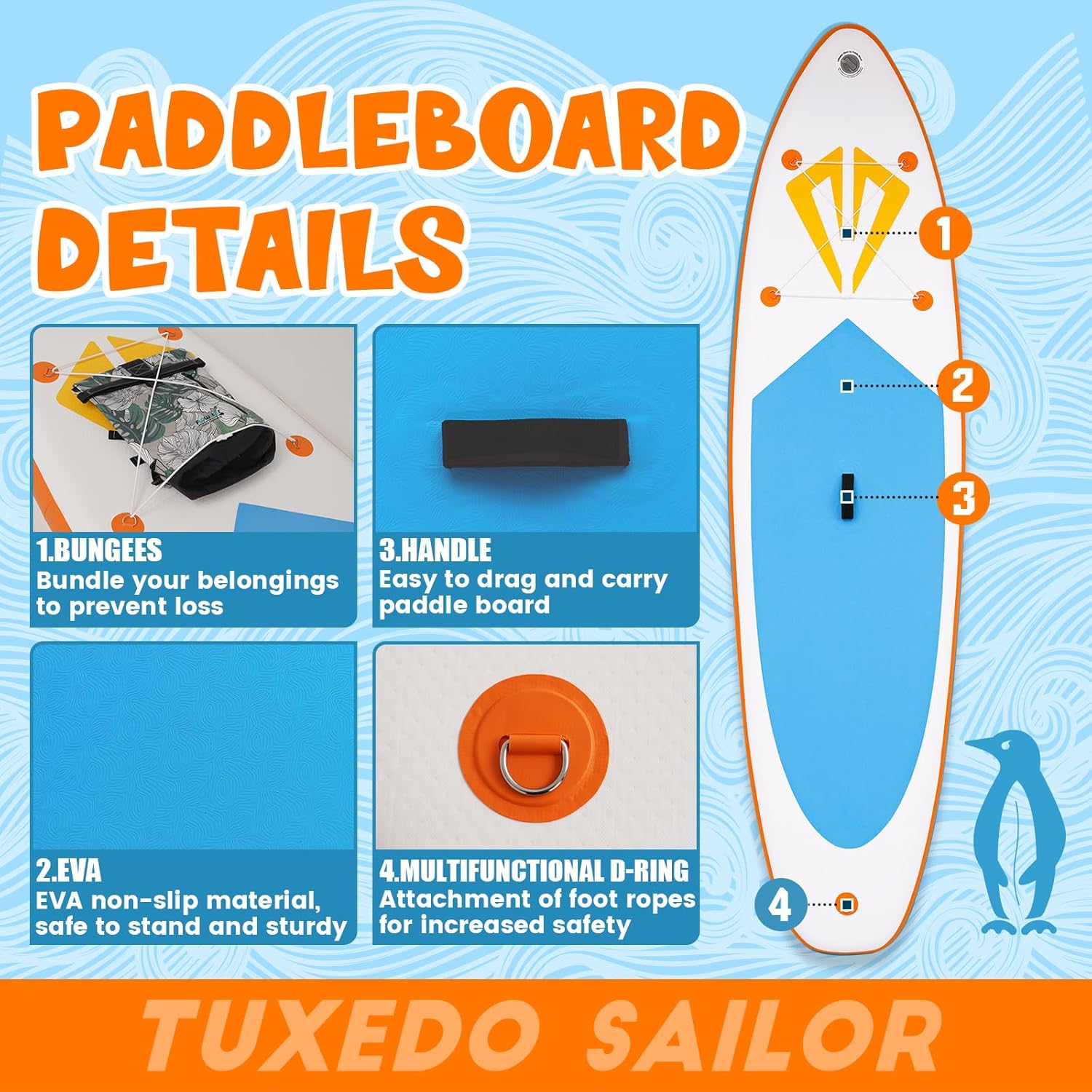 bleujardin - Paddle Gonflable Adulte - Stand Up - accessoires complets, stabilité, design premium