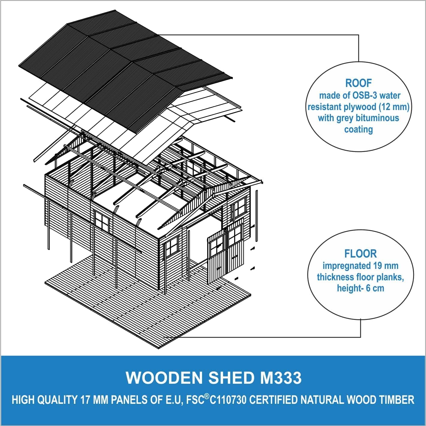 Abri de Jardin en Bois Exterieur avec Les PLANCHERS IMPRÉGNÉ- Maison de Jardin en Pin/épicéa-H246x418x522 cm/20 m²-Construction de Panneaux- Rangement pour vélos, Remise à Outils-bleujardin M333 +M333G