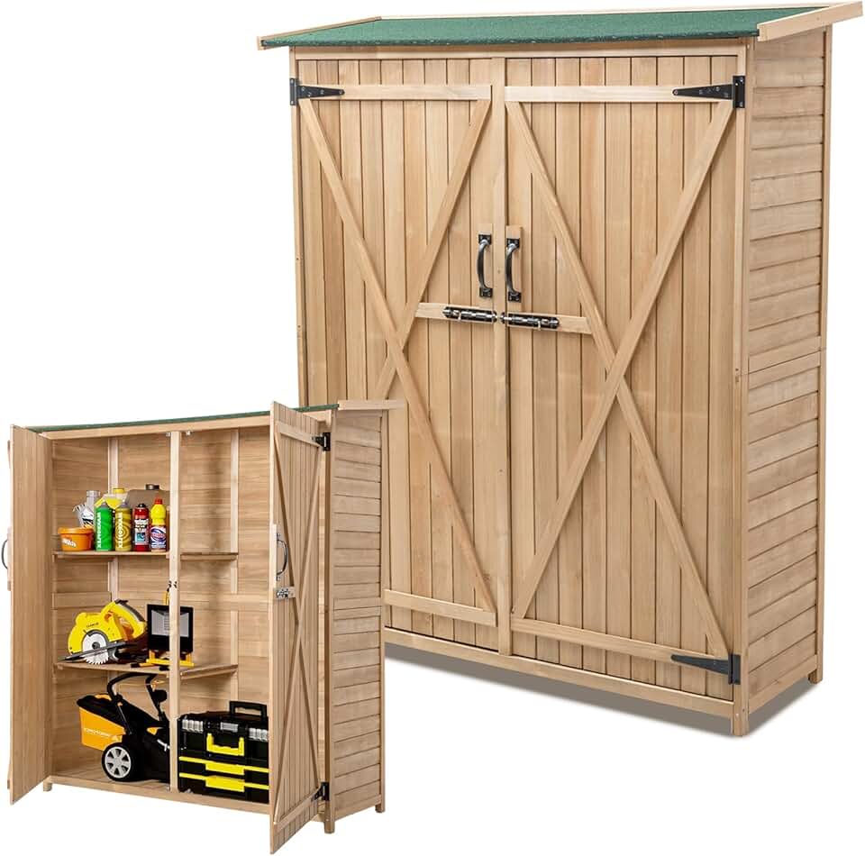 bleujardin Abri de Jardin en Bois 140x50x162 cm, Abri à Outils avec Toit en Asphalte Incliné, Portes et Étagères Double Fermeture, Meuble de Rangement pour Extérieur Arrière-Cour Patio Pelouse