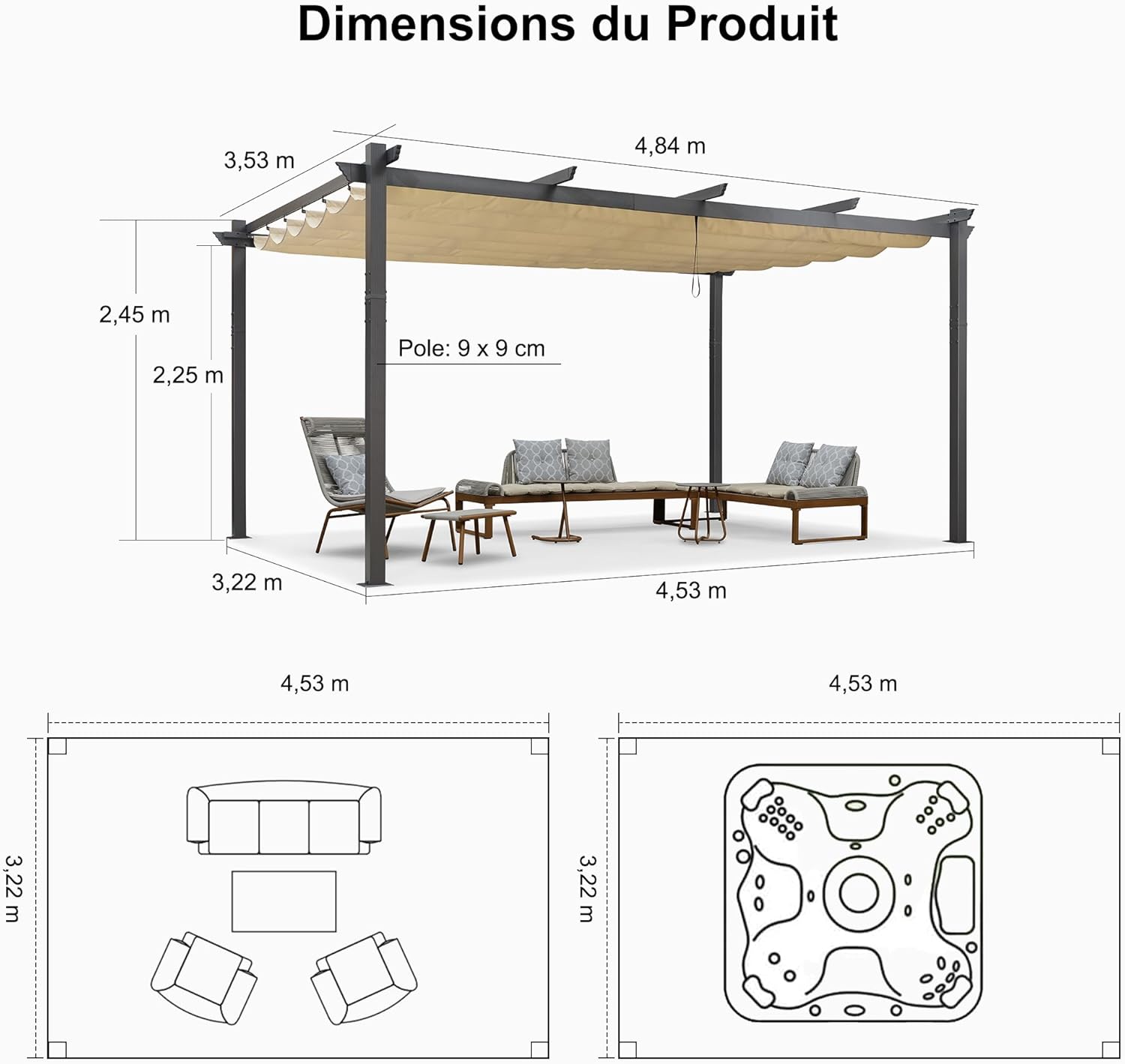 bleujardin - Pergola aluminium série - 4,8x3,5m - toit coulissant, tissu teint fil, kaki