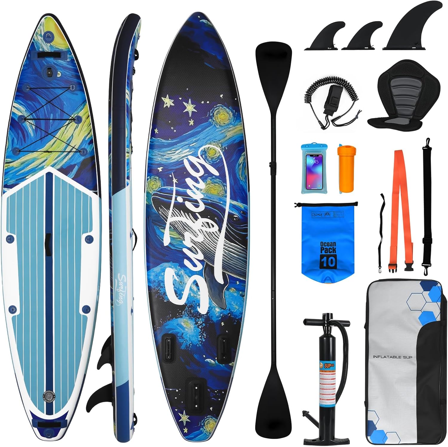 bleujardin - Paddle gonflable adulte 320/335cm - 2 personnes, siège kayak, pagaie, support caméra, 150kg