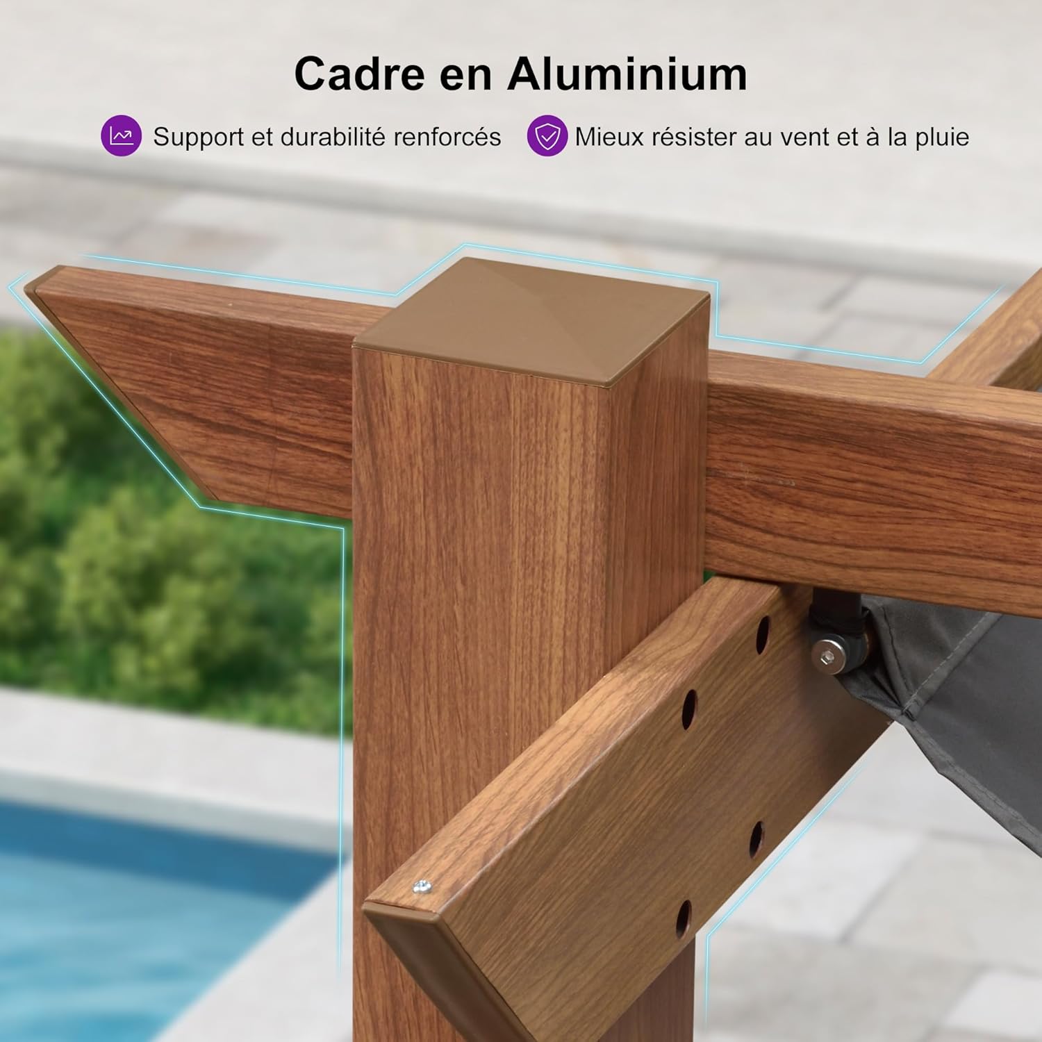 bleujardin - Pergola aluminium - 4x3m - toile rétractable, teck, imperméable