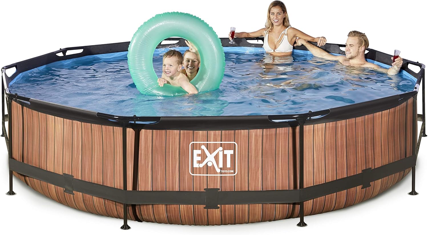 bleujardin Piscine Tubulaire Wood - ø360x76cm - Piscine Hors Sol Ronde Grande avec Pompe Filtrante à Cartouche - Entrée Basse - Idéal pour Les Jeunes Enfants - Cadre Stable - Design Unique - Marron