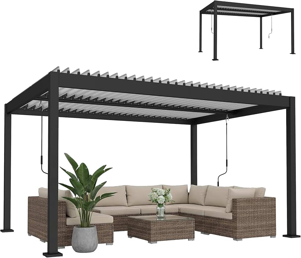 bleujardin - Pergola Bioclimatique - 4x3m - alu blanc, toit lames orientables, manivelle