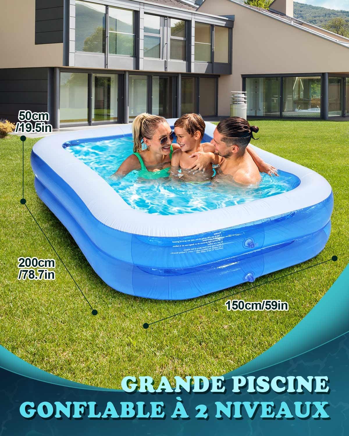 Piscine gonflable rectangulaire - 200x150x50cm - PVC épais double couche, usage enfant/adulte