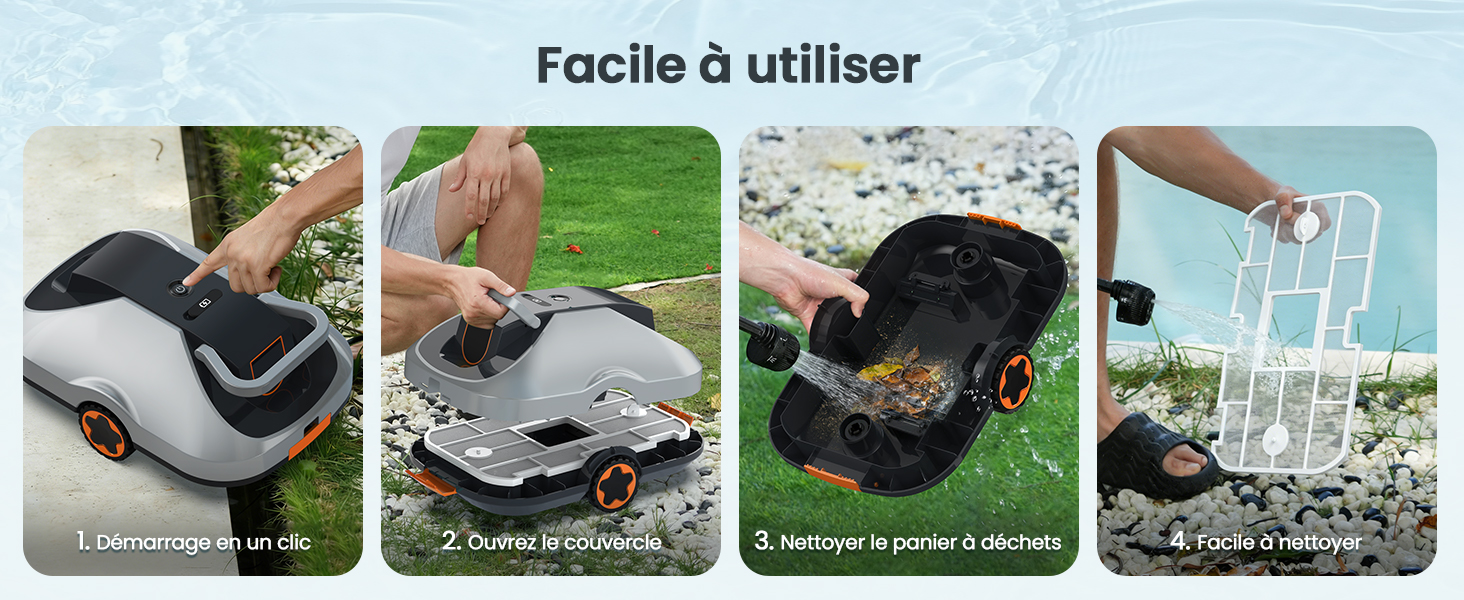 Le texte indique « Facile à utiliser ». Guide d'instructions à quatre panneaux indiquant les étapes à suivre pour attacher et utiliser une housse à bagages sur une valise à roulettes.