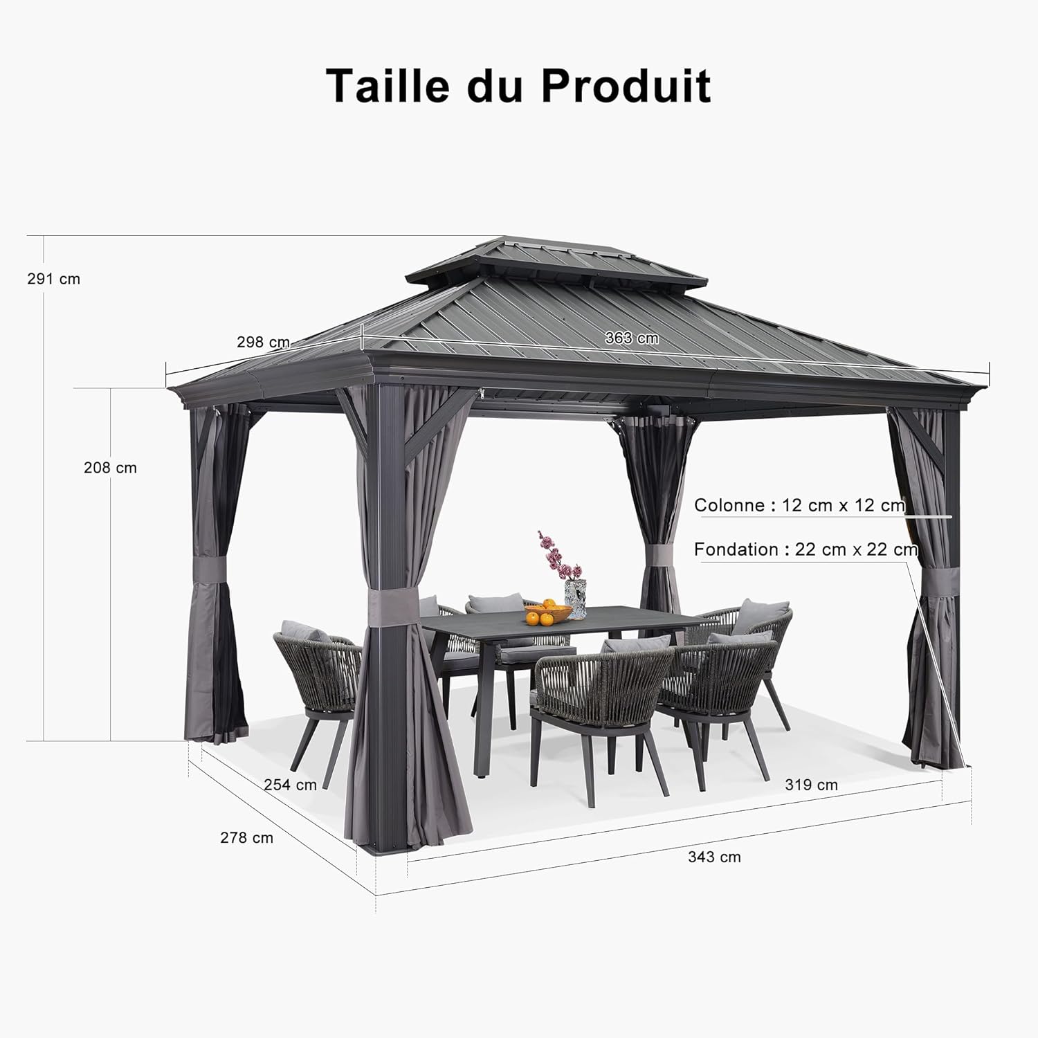 bleujardin - tonnelle aluminium 4x3m, éclairage intégré, rideaux, gouttière