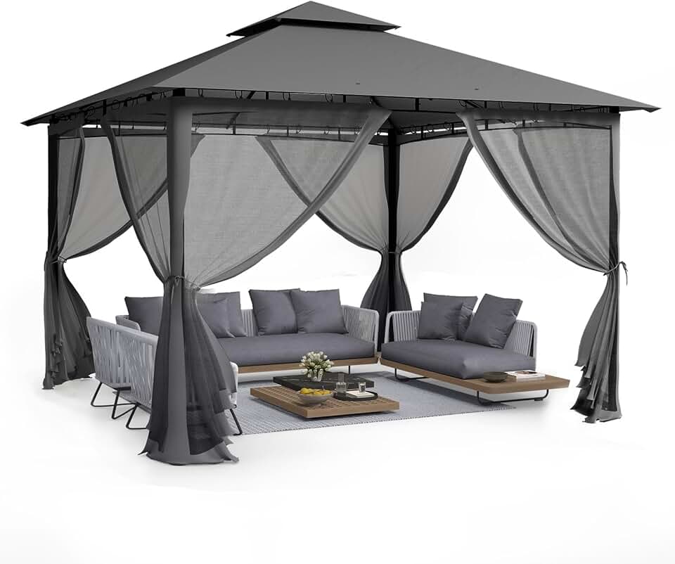 bleujardin - Double Toit, 3.4x3.4m - Métallique, moustiquaire, gris
