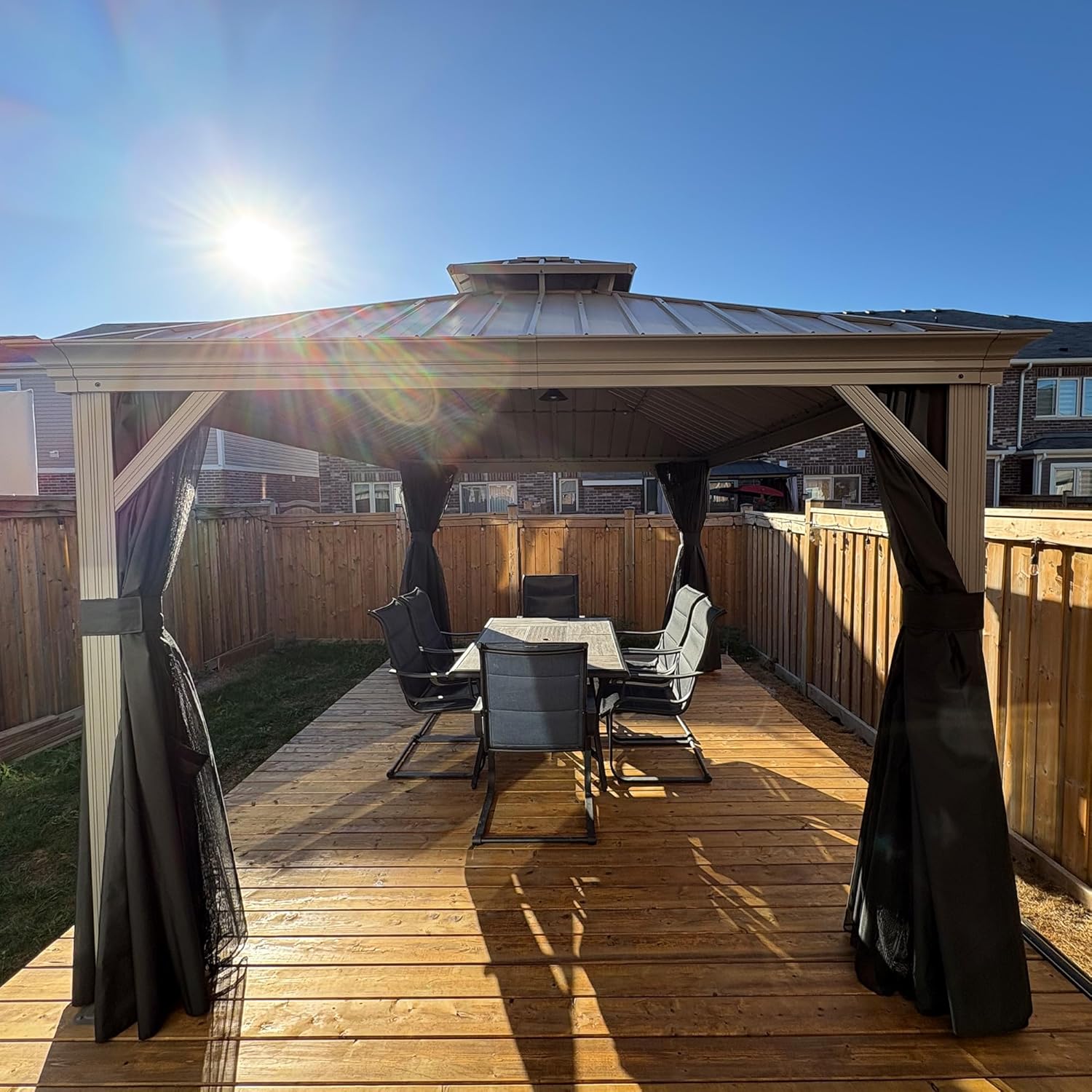 bleujardin - tonnelle extérieur - 3 x 4,25 m - alu double toit, rideaux, LED