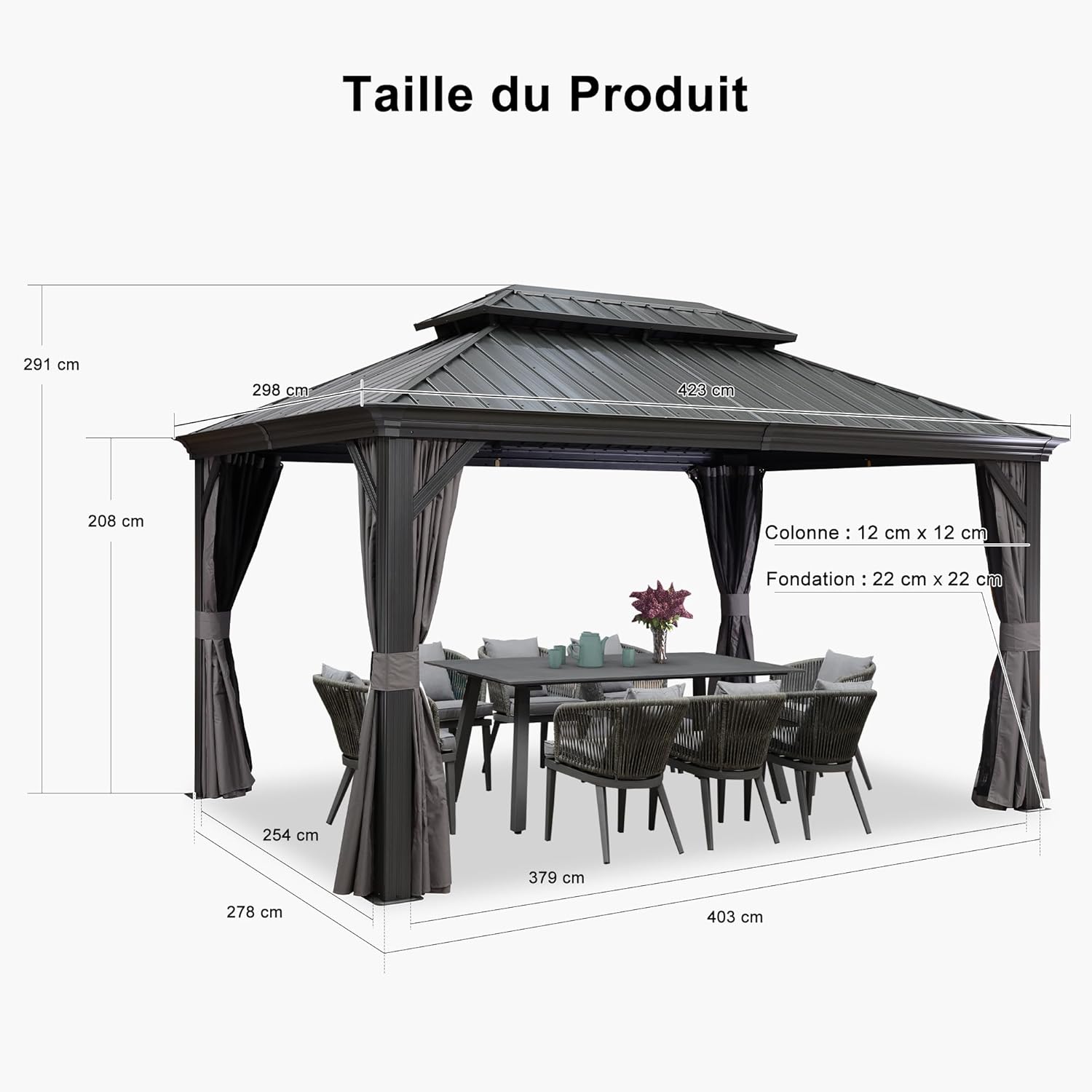 bleujardin - Tonnelle Jardin 4,25x3 m - acier galvanisé, rideaux épais, gouttière
