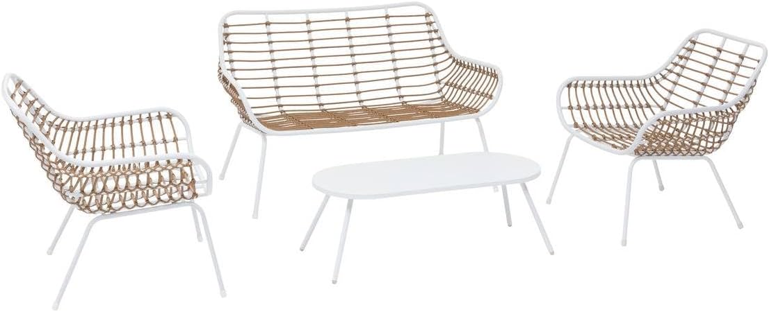 bleujardin - Paopao Salon de Jardin - 4 places - acier epoxy, pieds ajustables - Blanc et Beige