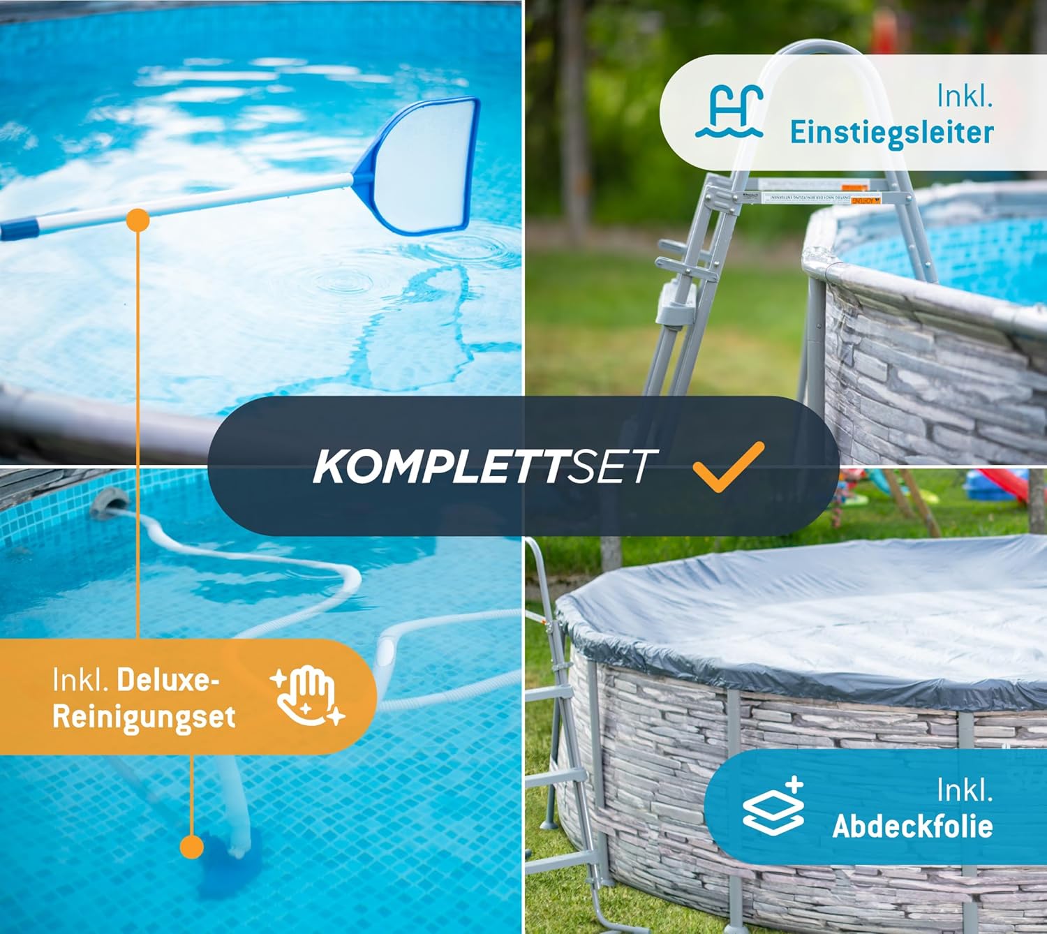 bleujardin - Frame Pool Kit rond - 427x107 cm - aspect pierre grise, pompe à filtre
