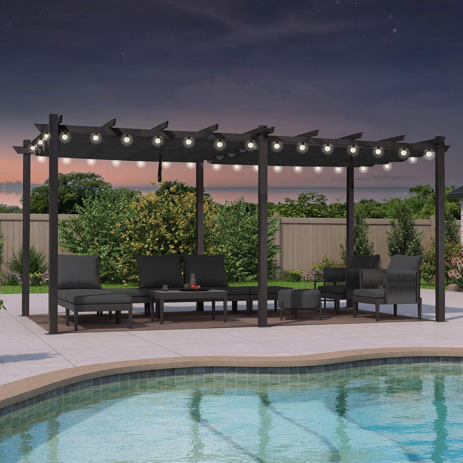 bleujardin - Pergola Aluminium 5.5 x 3.5 m - Éclairage LED intégré, toit rétractable, tissu teinté, structure résistant