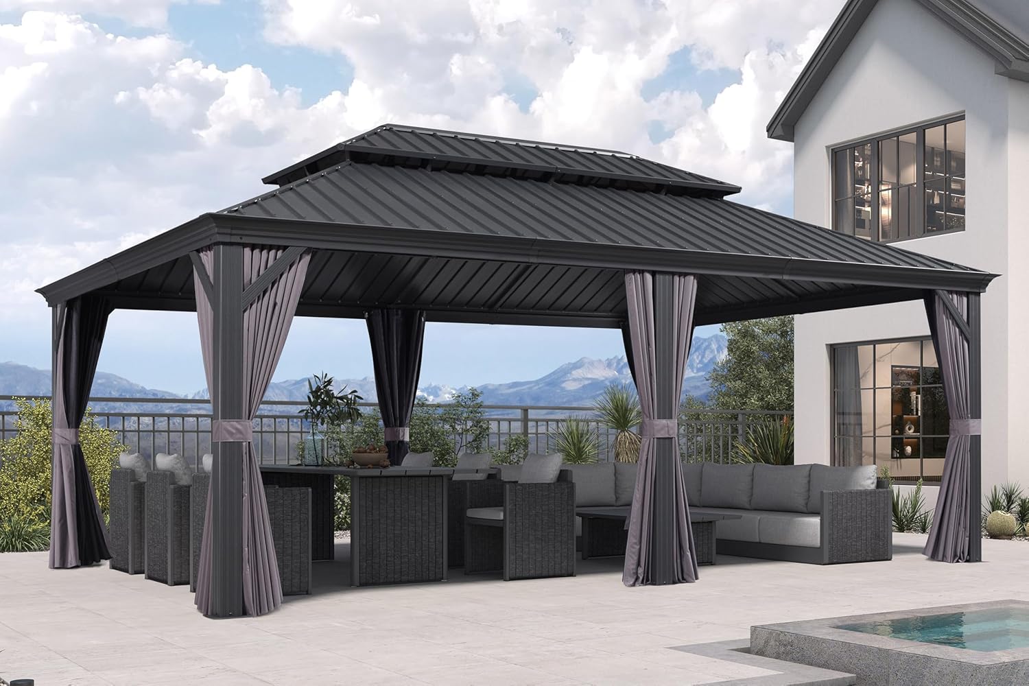 bleujardin - Pergola Série Extérieur - 6x4m - Toit acier, moustiquaire, rideaux, gouttière