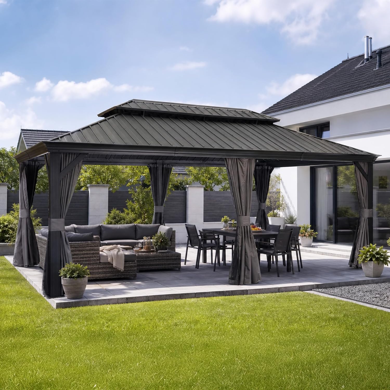 bleujardin - Pergola double toit acier - 6x3,65m - moustiquaire, rideaux, gouttière, poteaux renforcés