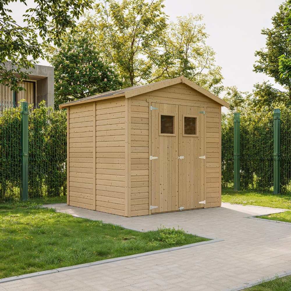 Abri de Jardin en Bois Naturel - Stockage extérieur avec fenêtres H228x222x233 cm/4,2 m² Hangar en Bois Naturel - Atelier Rangement Outils et vélos- bleujardin M351