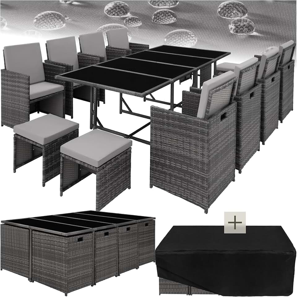 bleujardin - Salon Résine Tressée, 8 chaises, 4 tabourets, table, gris
