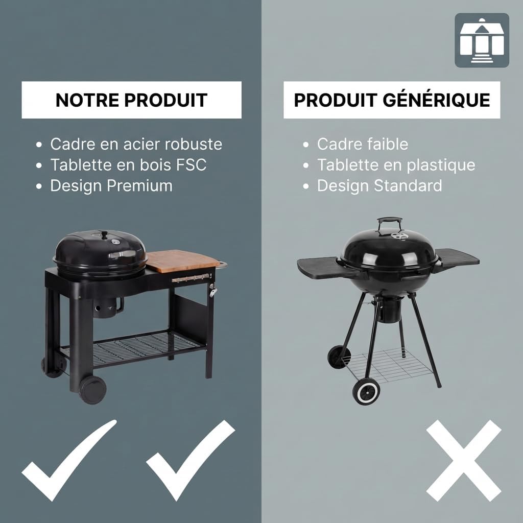 bleujardin - Barbecue Calgary - acier/bois - couvercle thermomètre, tablettes, 2 roues, noir