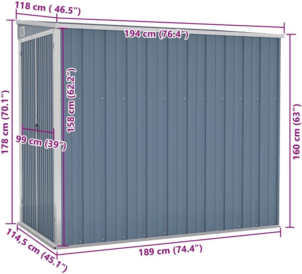bleujardin Abri de Jardin Mural Gris 118x194x178 cm Acier galvanisé,Maison & Jardin, Pelouses & Jardins, Vie en extérieur, Structures extérieures, Cabanes & abris de Jardin, Gris (Poids 31.54KG)
