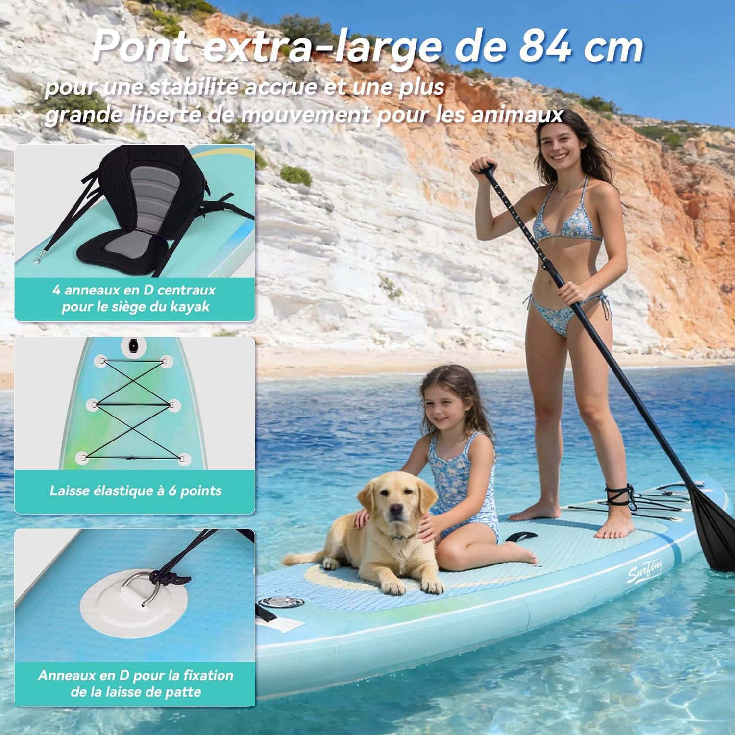 bleujardin - paddle gonflable adulte - 320/335cm - 2 places, siège kayak, pagaie alu, support caméra, pompe, 150 kg