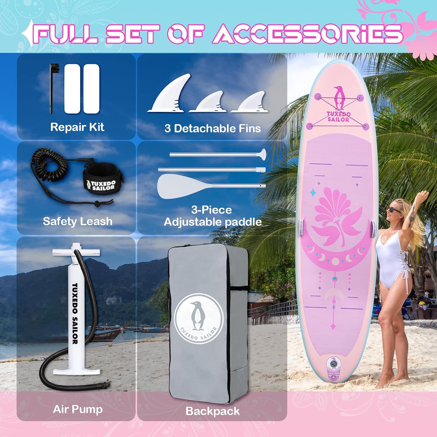 bleujardin - Paddle Gonflable Adulte - planche SUP - accessoires complets - dimensions standards
