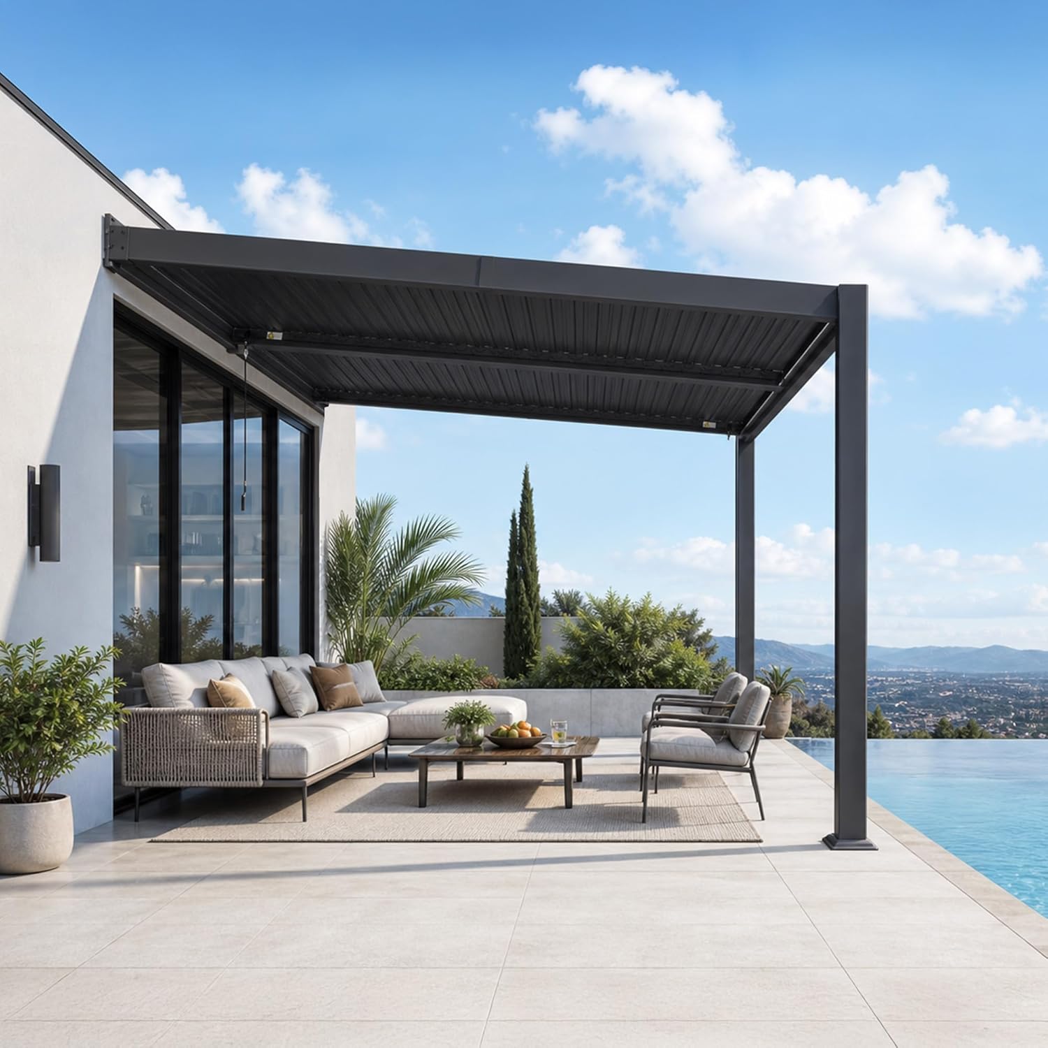 bleujardin - Pergola bioclimatique adossée - 2,5x3 m - aluminium, lames orientables, résistante intempéries