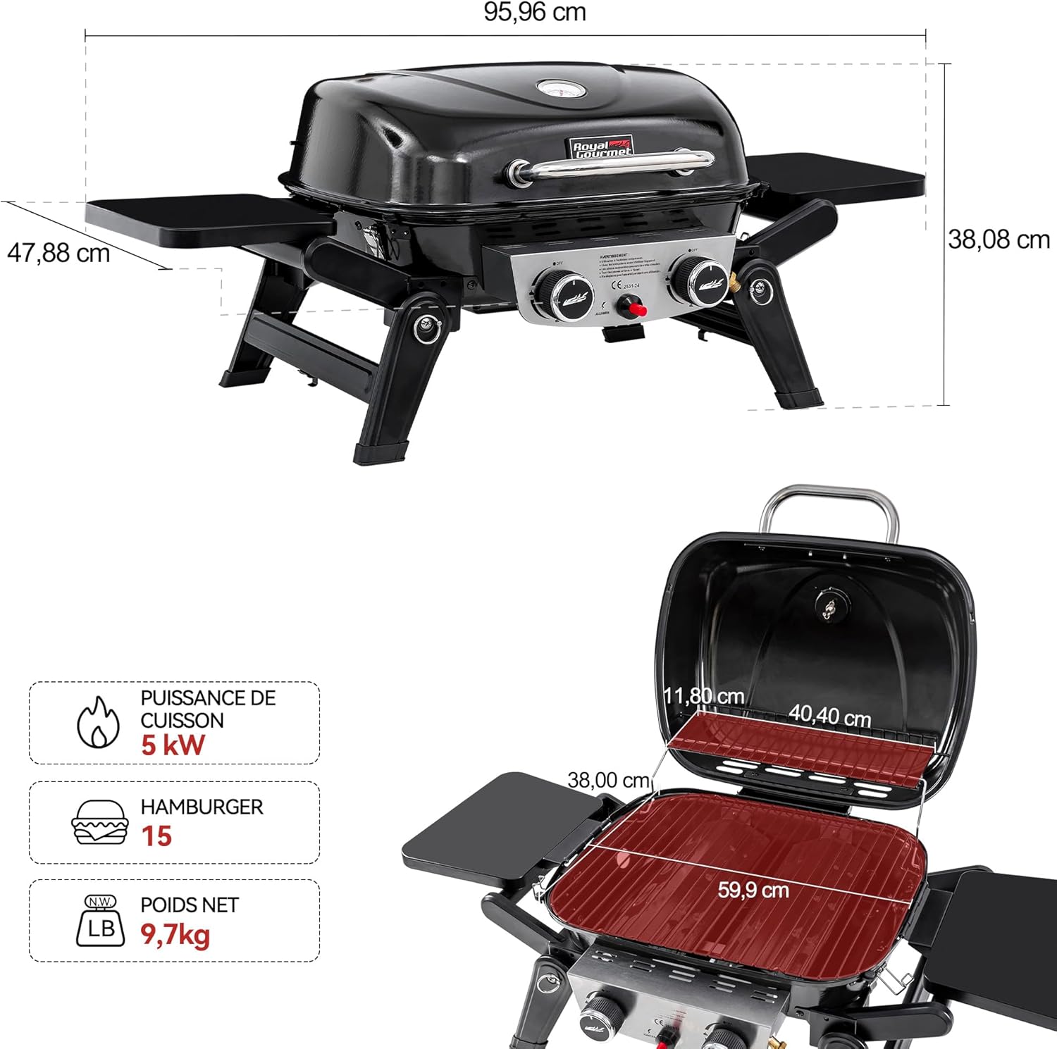 bleujardin - Barbecue Gaz 2 brûleurs - 48x37 cm - tables pliables, 5kW