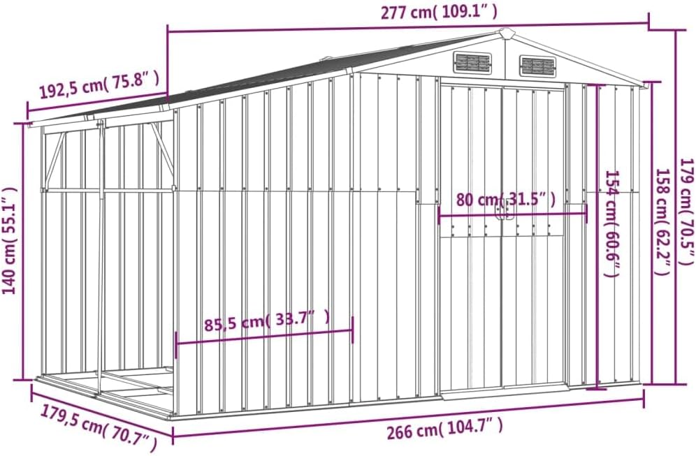 Abri de Jardin - acier galvanisé - 277x192,5x179 cm - aérations, poignées pratiques