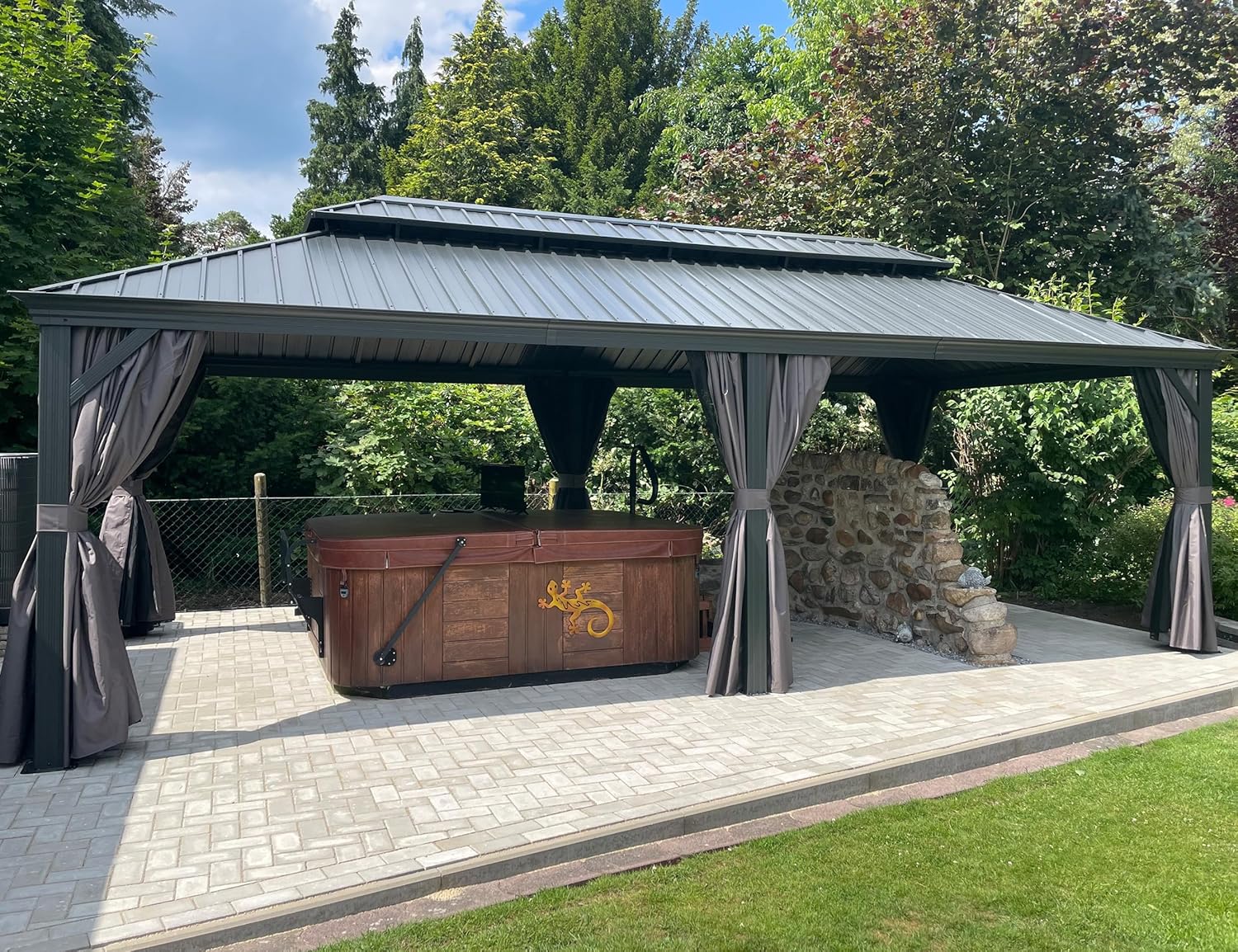 bleujardin - Tonnelle Jardin 7,32x4,25m - acier, rideaux, moustiquaire