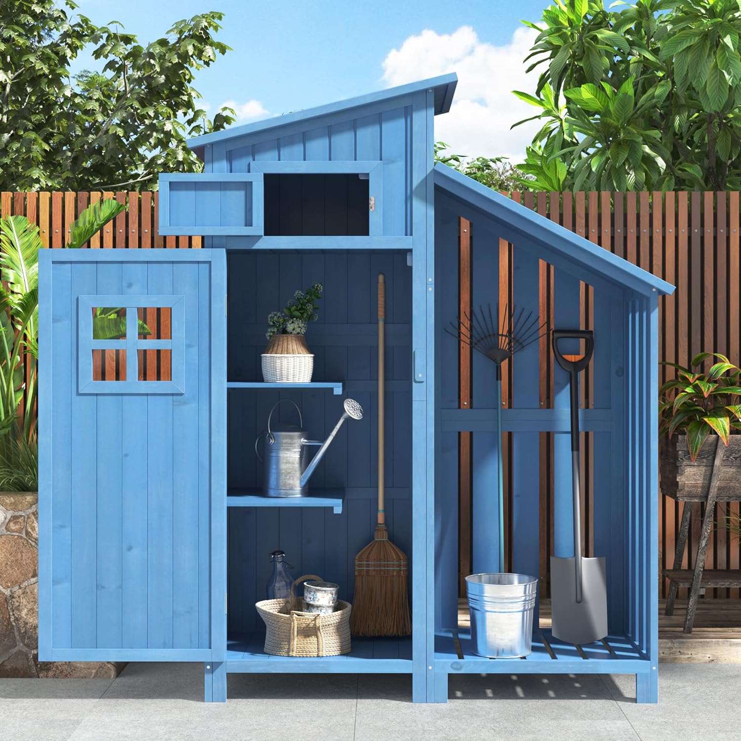 Abri de jardin bois - cabane selle PVC - 124x46x174cm - fondation, 2 étagères, armoire outils - bleu