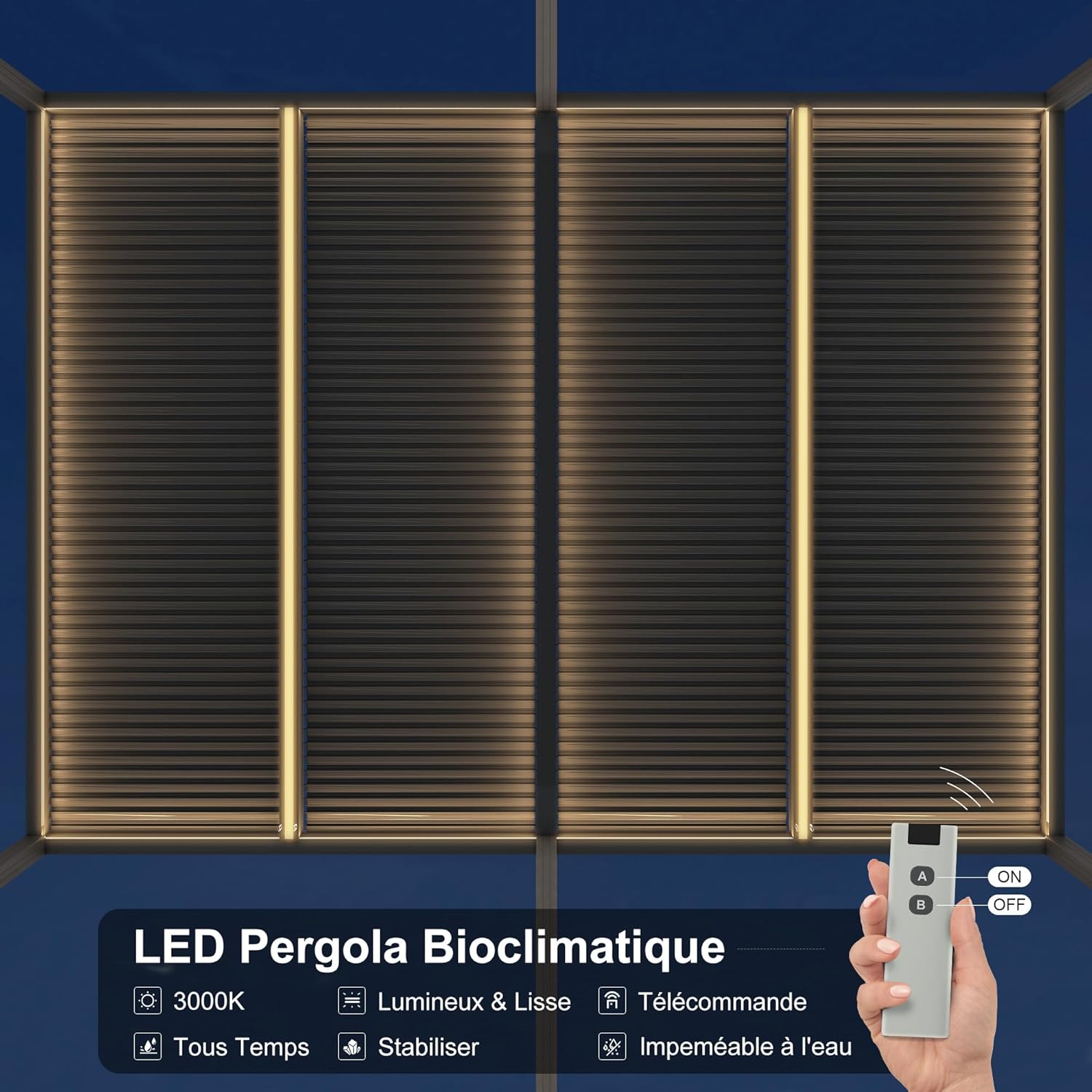 bleujardin - Pergola bioclimatique - 6 x 3,68 m - alu, LED, gouttières, gris