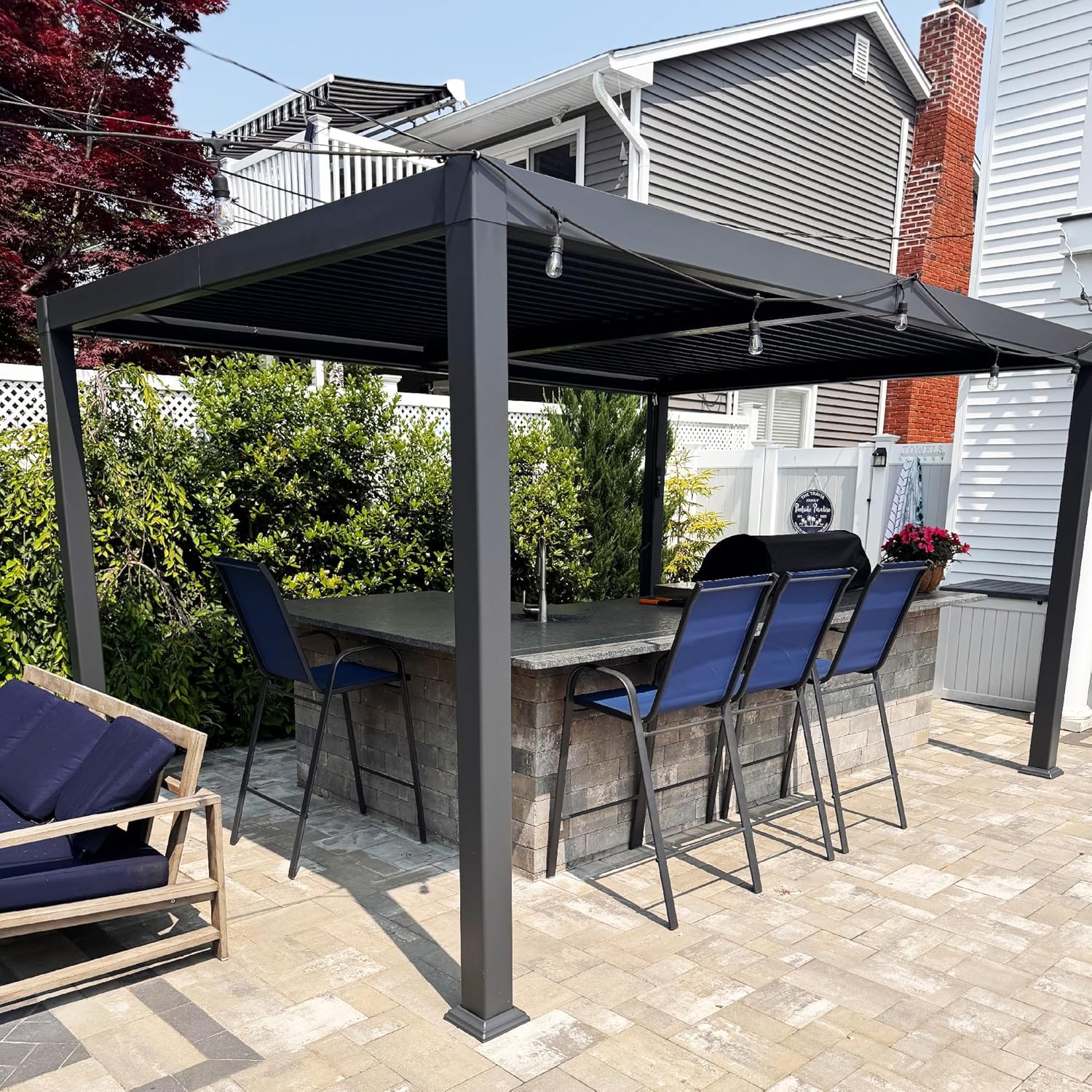 bleujardin - pergola bioclimatique - 3x3,65m - aluminium, lames orientables, gris