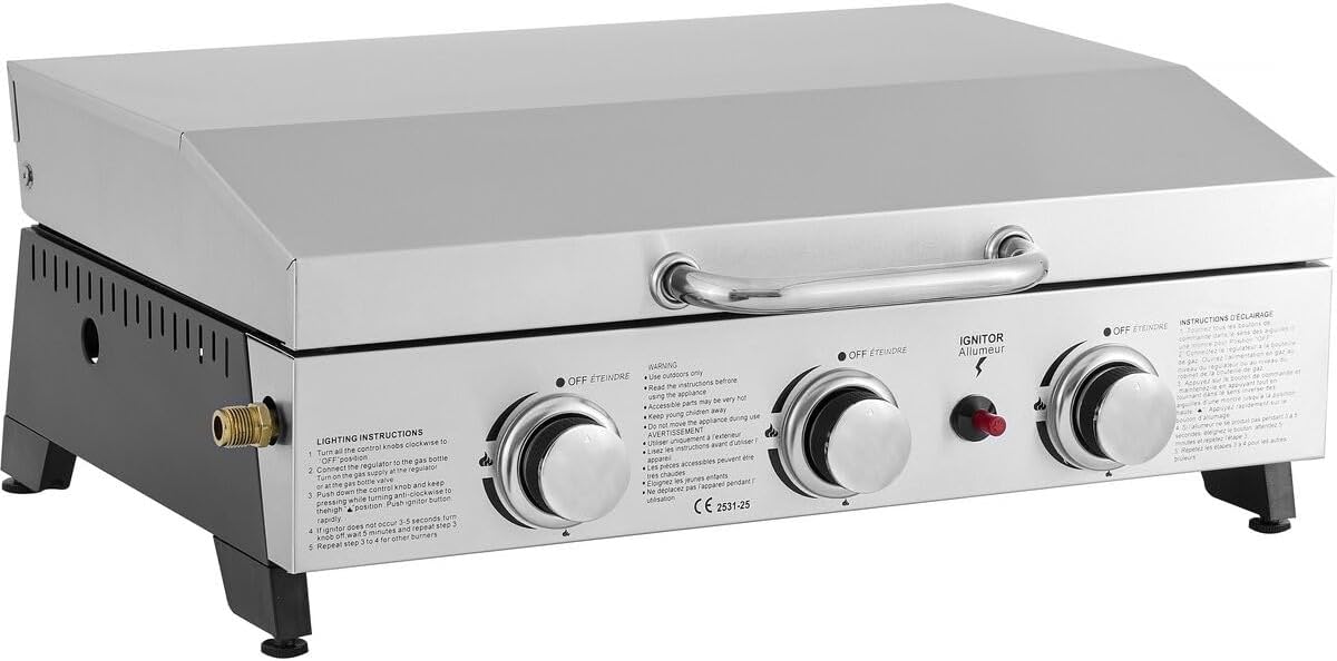 Fasto - Plancha 3 brûleurs 7,5 KW avec couvercle métal - Gris